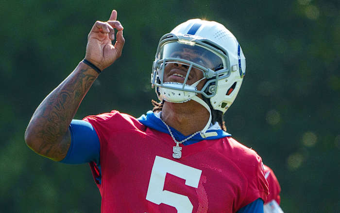 Jul 26, 2023; Westfield, IN, USA; Indianapolis Colts quarterback Anthony Richardson (5) points to the sky before drills during the first day of training camp practice at Grand Park Sports Campus. Mandatory Credit: Mykal McEldowney/IndyStar-USA TODAY Sports